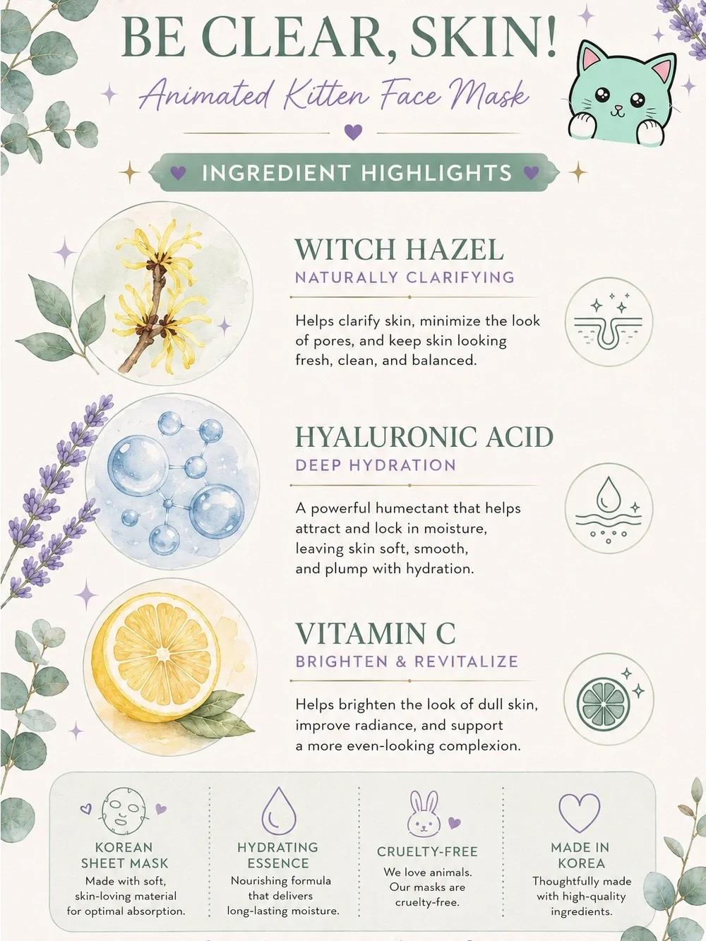 The Crème Shop Be Clear, Skin! Kitten Sheet Mask | Witch Hazel